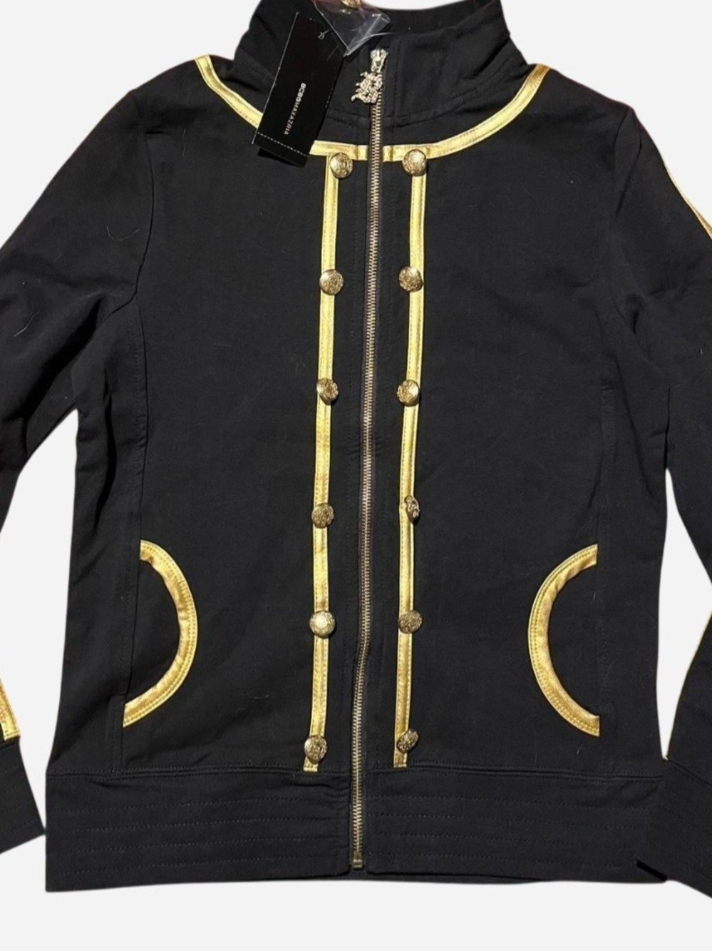 BCBGMaxAzria Black Jacket with Gold Trim and Decorative Buttons